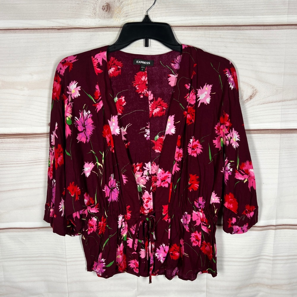 Express Floral Peplum‎ Top Womens S Maroon Pink Kimono Sleeve Tie Waist V-Neck